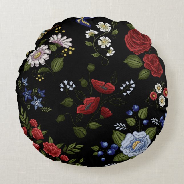 Faux Embroidered Red & Blue Flowers    Round Pillow (Front)