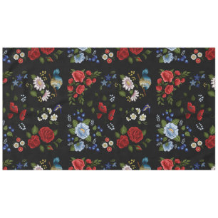Faux Embroidered Red & Blue Flowers Tablecloth