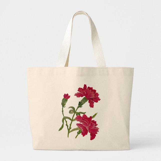 Faux Embroidered Red Carnations Large Tote Bag (Front)