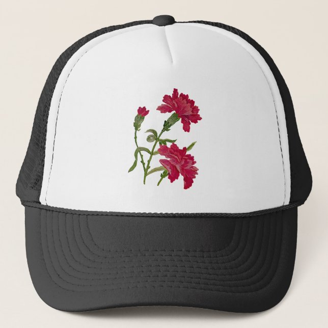 Faux Embroidered Red Carnations Trucker Hat (Front)