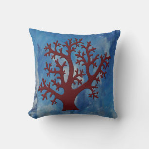 Faux Embroidered Red Coral on Blue Abstract Throw Pillow