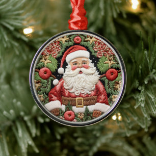 Faux Embroidered Santa Christmas Metal Ornament