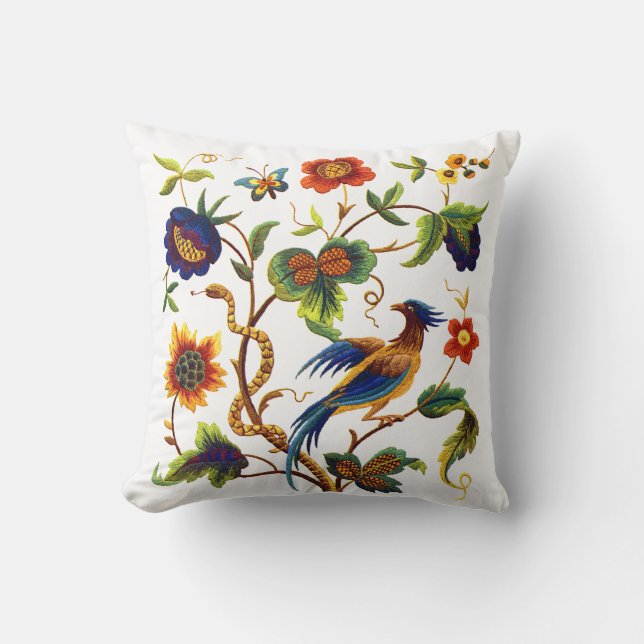 Faux Embroidery - Bird Of Paradise Crewel Design Throw Pillow (Front)