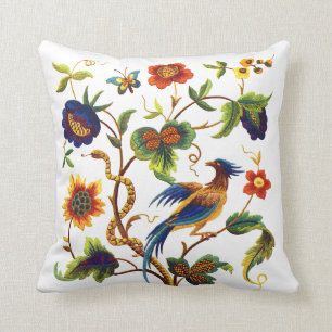 Faux Embroidery - Bird Of Paradise Crewel Design Throw Pillow