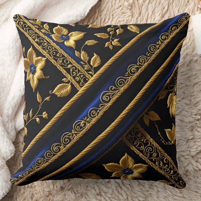 faux Embroidery Blue Gold Flowers black Throw Pillow (Creator Uploaded)