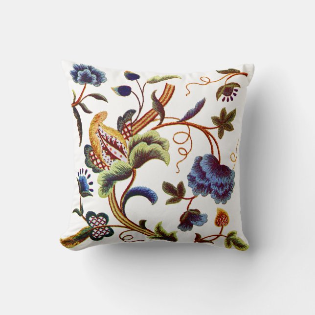 Faux Embroidery - Blue Jacobean Crewel Embroidery Throw Pillow (Front)