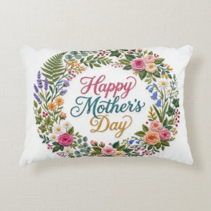 Faux Embroidery Floral Happy Mother's Day Accent Pillow