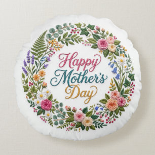 Faux Embroidery Floral Happy Mother's Day Round Pillow
