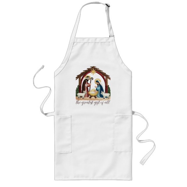 Faux Embroidery Nativity Religious Christmas  Long Apron (Front)