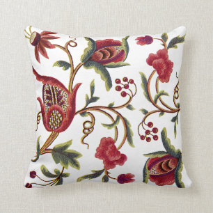 Faux Embroidery - Red Jacobean Crewel Embroidery Throw Pillow