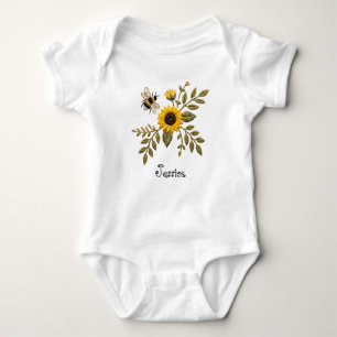 Faux Embroidery Sunflower and Honeybee Baby Bodysuit