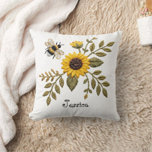 Faux Embroidery Sunflower and Honeybee Throw Pillow