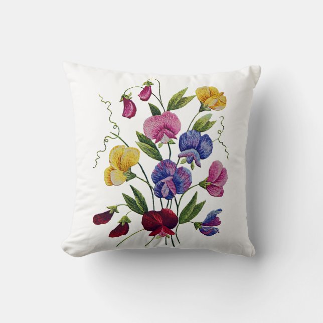 Faux Embroidery - Sweet Peas Jacobean Embroidery Throw Pillow (Front)