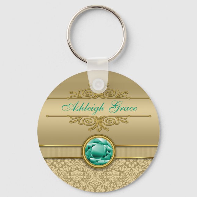 Faux Emerald Gemstone Metallic Shiny Gold Damask Keychain (Front)
