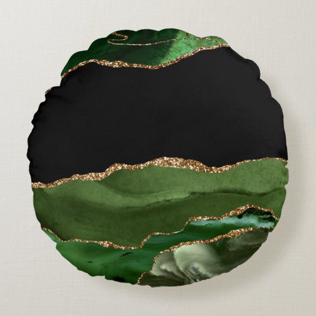 Faux Emerald Green Marbled Agate Contemporary Round Pillow (Front)