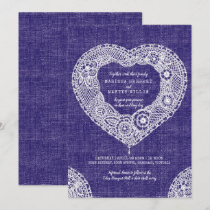 Faux fabric lace heart navy wedding invites