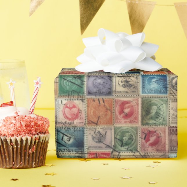 Faux Fantasy Postage Stamp Collage 7 Wrapping Paper (Birthday Party)