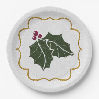 Faux Felt and Gold Glitter Holly Leaves Berries Paper Plate