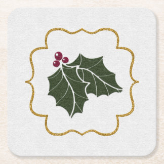 Faux Felt and Gold Glitter Holly Leaves Berries Square Paper Coaster
