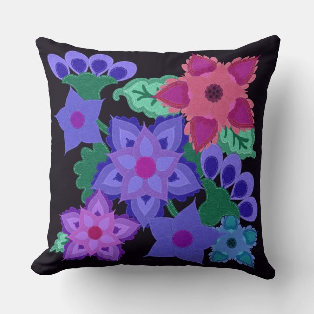 Faux Felt Boho Style Flowers with Stitching Throw Pillow (Front)