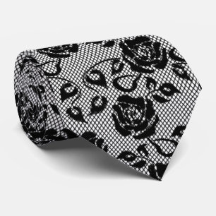 Faux Fishnet Black Lace Neck Tie with Roses