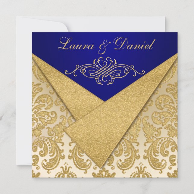 FAUX FLAPS Blue, Gold Damask Reception Invite (Front)