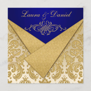 FAUX FLAPS Blue, Gold Damask Reception Invite