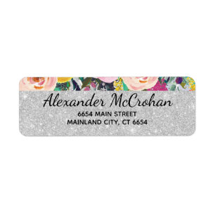 Faux Floral Silver Glitter Foil Return Address
