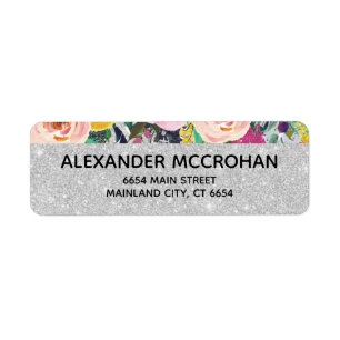 Faux Floral  Silver Glitter Foil Return Address