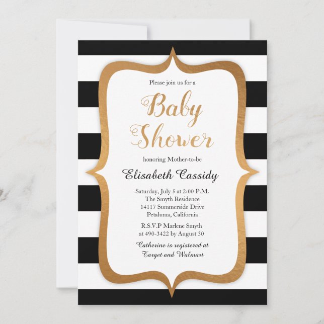 Faux Foil Black Stripes Baby shower Invitation (Devant)