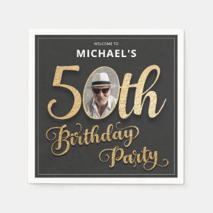 Faux Foil Custom Photo Black Gold 50th Birthday Napkin
