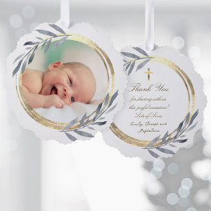 faux foil frame Baptism thank you Ornament Card