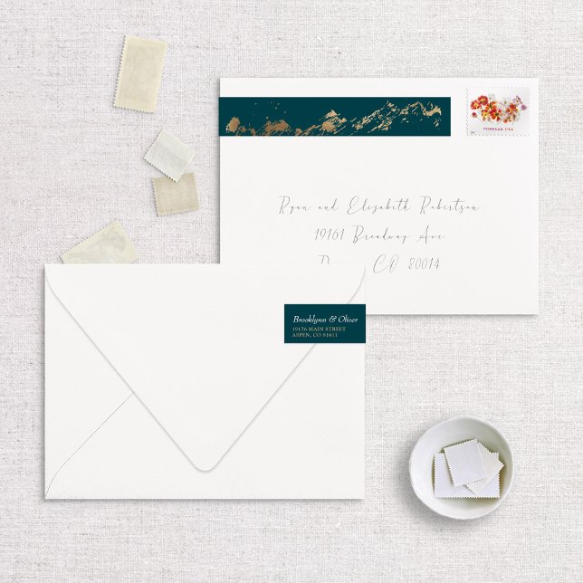 Faux Foil Gold Abstract Mountains on Dark Green Wraparound Address Label (Creator Uploaded)