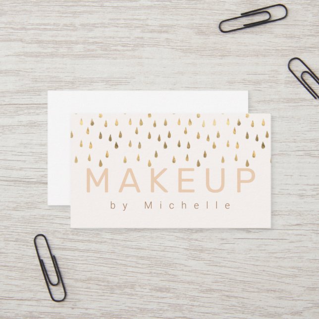 Faux Foil Gold Rain Drops Makeup Artist Business Card (Front/Back In Situ)