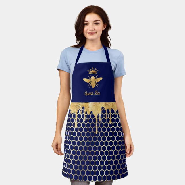 faux foil honey drips queen bee on blue apron (Worn)