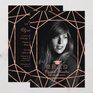 Faux Foil Rose Gold Gem Graduation Party Photo Invitation