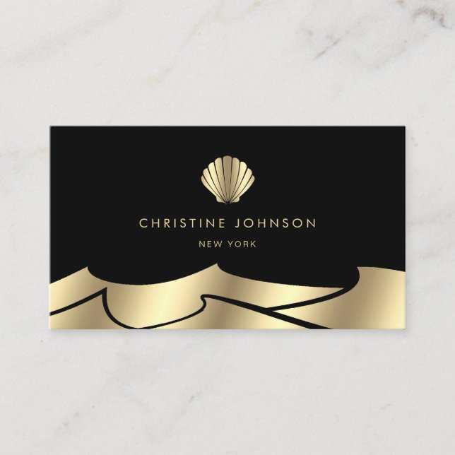 faux foil waves golden seashell on black business card (Front)