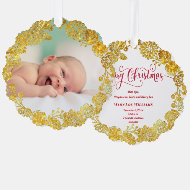 faux foil wreath new baby  Merry Christmas Ornament Card (Front/Back)