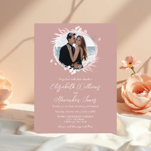 Faux Foil Wreath Photo Calligraphy Pink Wedding Invitation