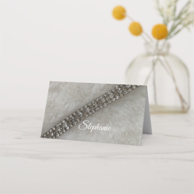 Faux Fur and Diamond Gems Place Card (Front)