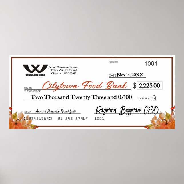 Faux giant charity check autumn fall Thanksgiving Poster (Front)