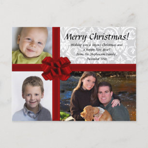 Faux Gift Box, 3-Photo Christmas Greeting Postcard