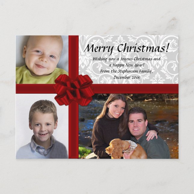 Faux Gift Box, 3-Photo Christmas Greeting Postcard (Front)