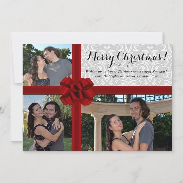 Faux Gift Box Bow, 3 Photo Christmas Card (Front)