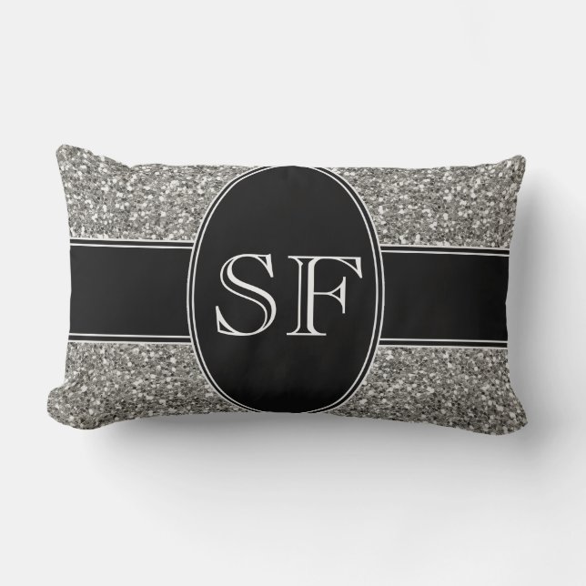 Faux Glitter and Black Monogram Lumbar Pillow (Front)