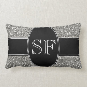 Faux Glitter and Black Monogram Lumbar Pillow