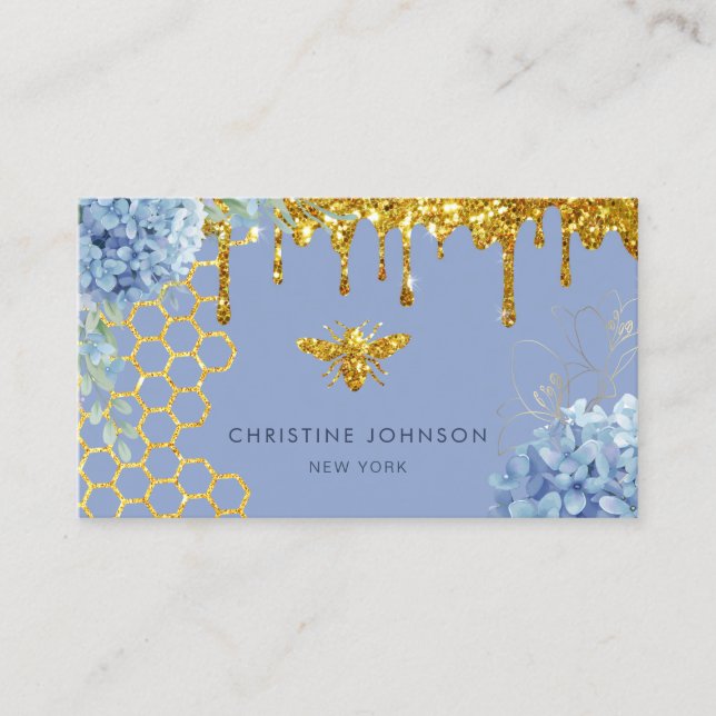 faux glitter bee and flowers Business Card (Front)
