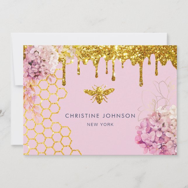 faux glitter bee and flowers Business Card (Front)