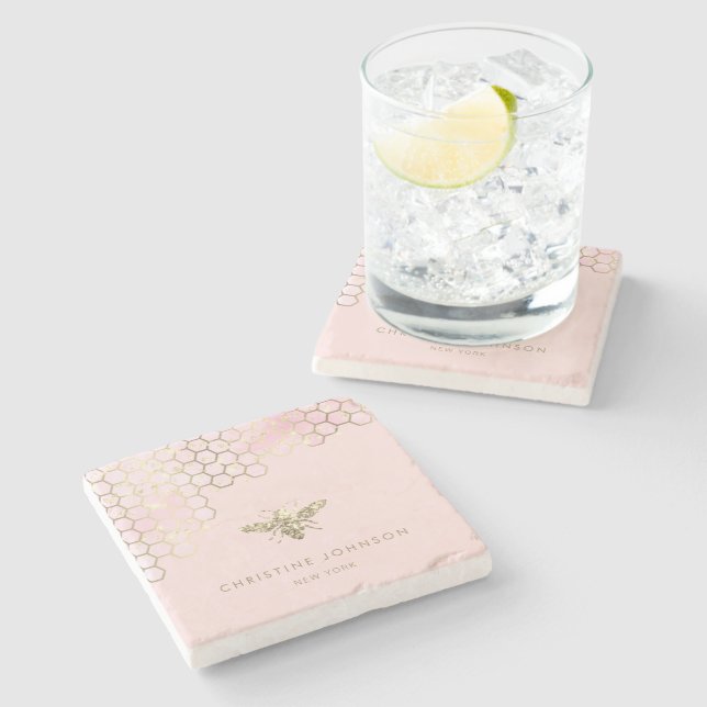 faux glitter bee gradient blush pink stone coaster (Side)