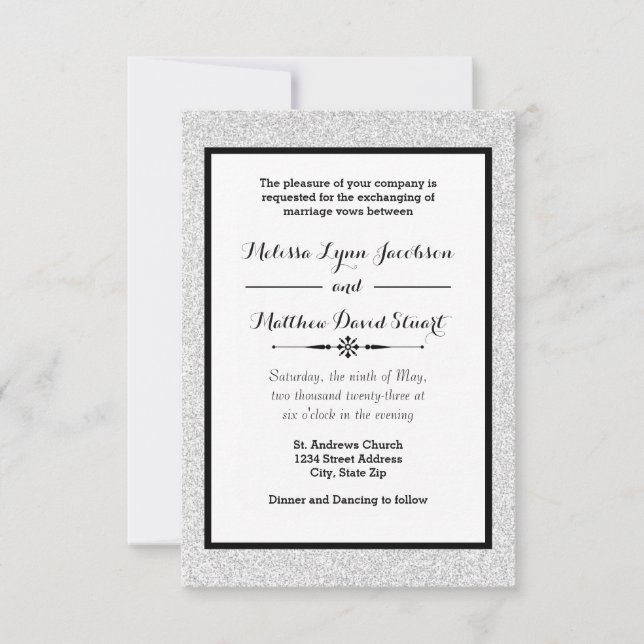 Faux Glitter & Black Framed-3x5 Wedding Invitation (Front)